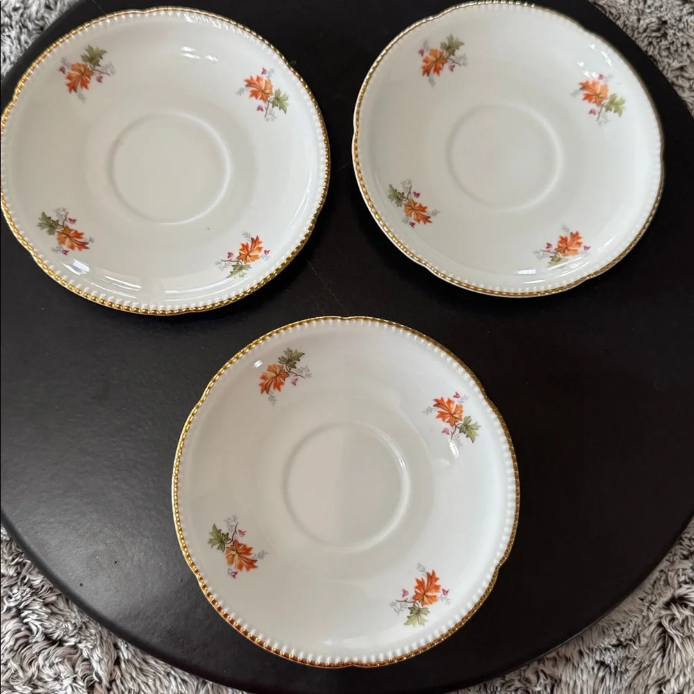 Winterling Bovaria Germany Autumn Leaves Set of 3 Saucers 6” Gold Trim Porcelain